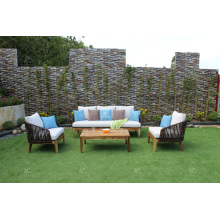 FLORES COLLECTION - neueste Design Poly Rattan PE Sofa Set mit Akazien Holz Beine für Outdoor Gartenmöbel